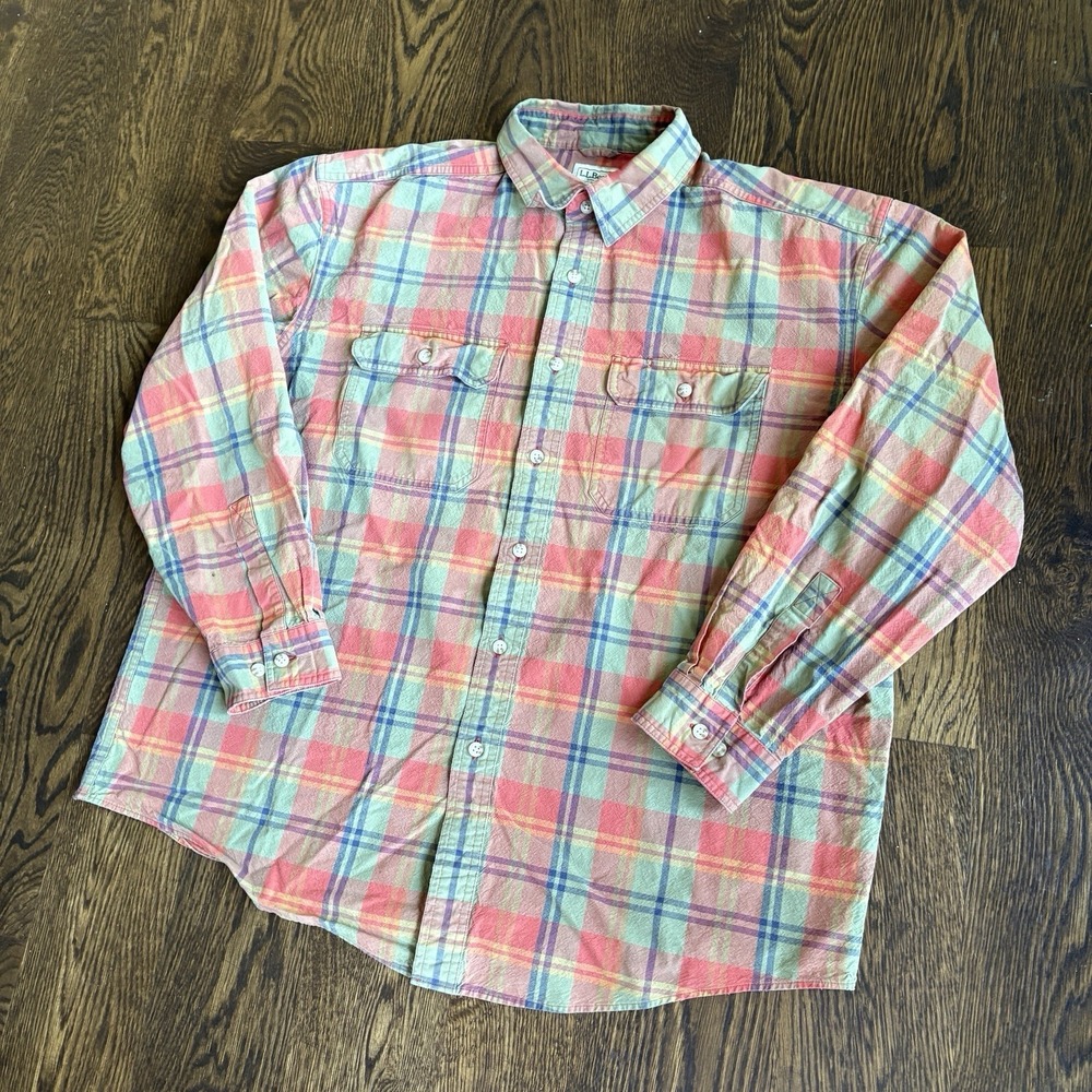 Vintage LL Bean Shirt Mens 2XL Orange Green Plaid Button Down Cotton Long Sleeve